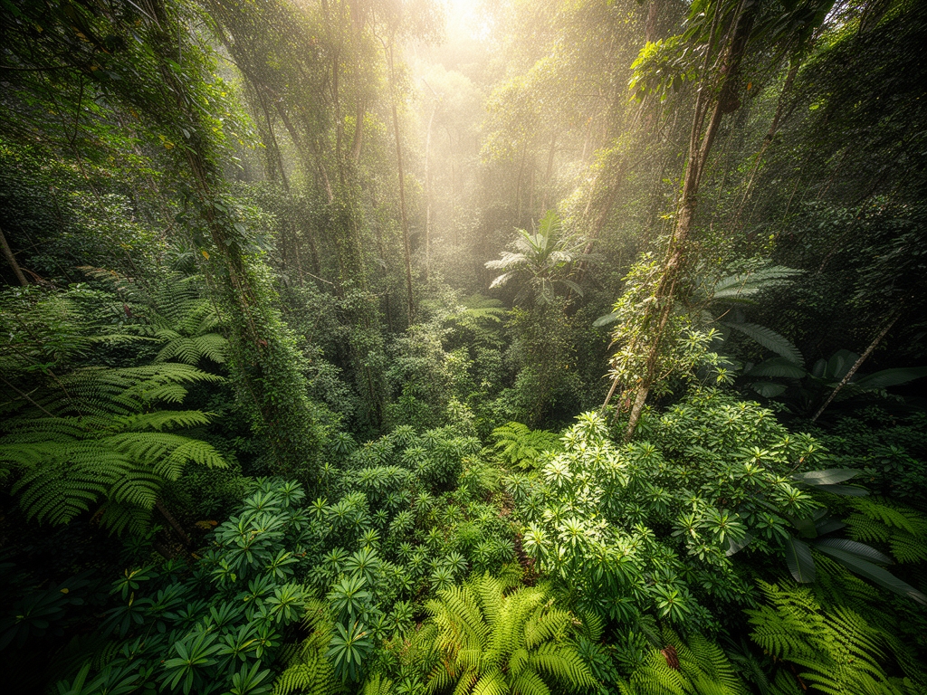 Vista aérea de un denso bosque tropical mexicano con vegetación exuberante, helechos y plantas medicinales bañados por luz solar suave y difusa que penetra entre el follaje