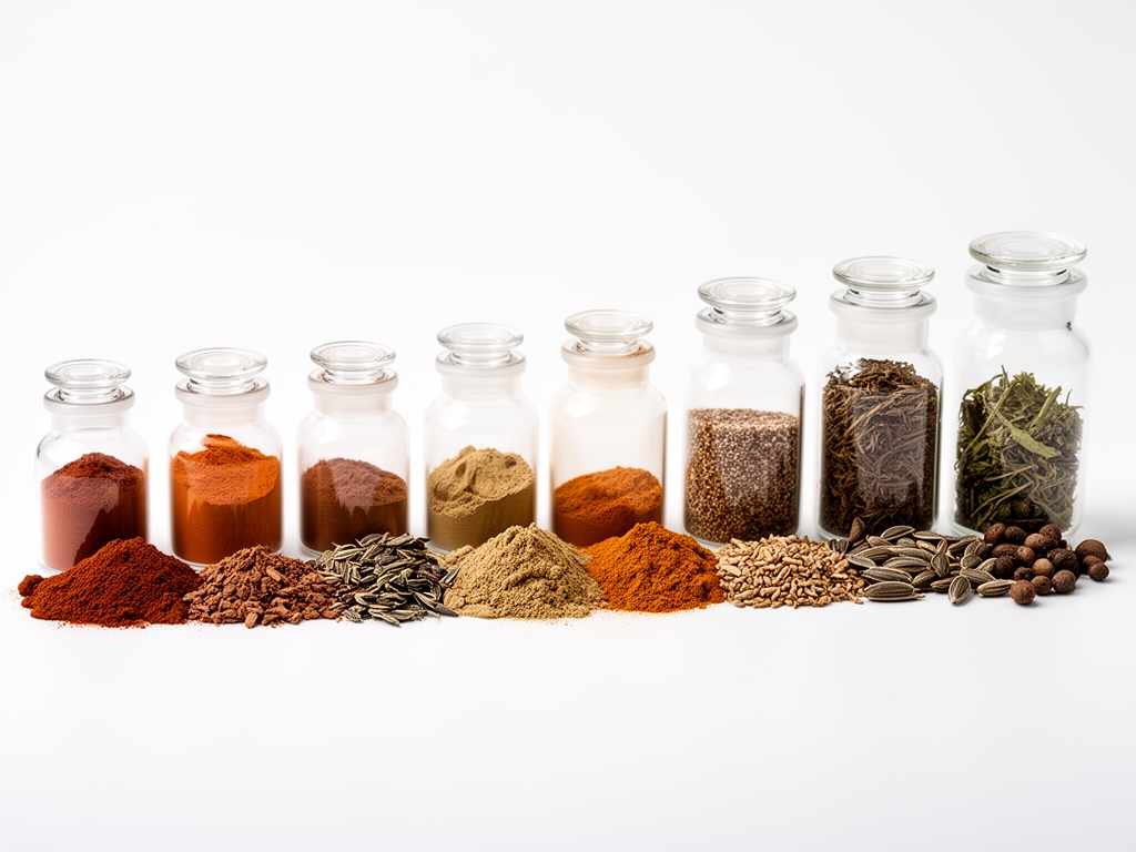 Frascos de laboratorio con polvos naturales de colores terrosos, semillas y extractos vegetales dispuestos en gradación cromática sobre fondo blanco limpio con iluminación cenital científica