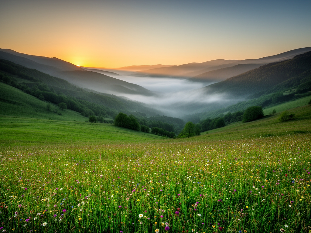 Panorámica de valle montañoso con prados de hierbas silvestres en flor al amanecer, niebla suave sobre el horizonte, colores verdes profundos y dorados del sol naciente, atmósfera de calma y pureza natural